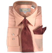 Gian Mario Boys Peach Dress Shirt Clip-on Brown Striped Tie Hanky Set Si... - $24.99