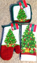 Christmas Tree Oven Mitt Towel Pot Holder Hot Pad Kitchen Linen 4 pc Set New - £8.65 GBP