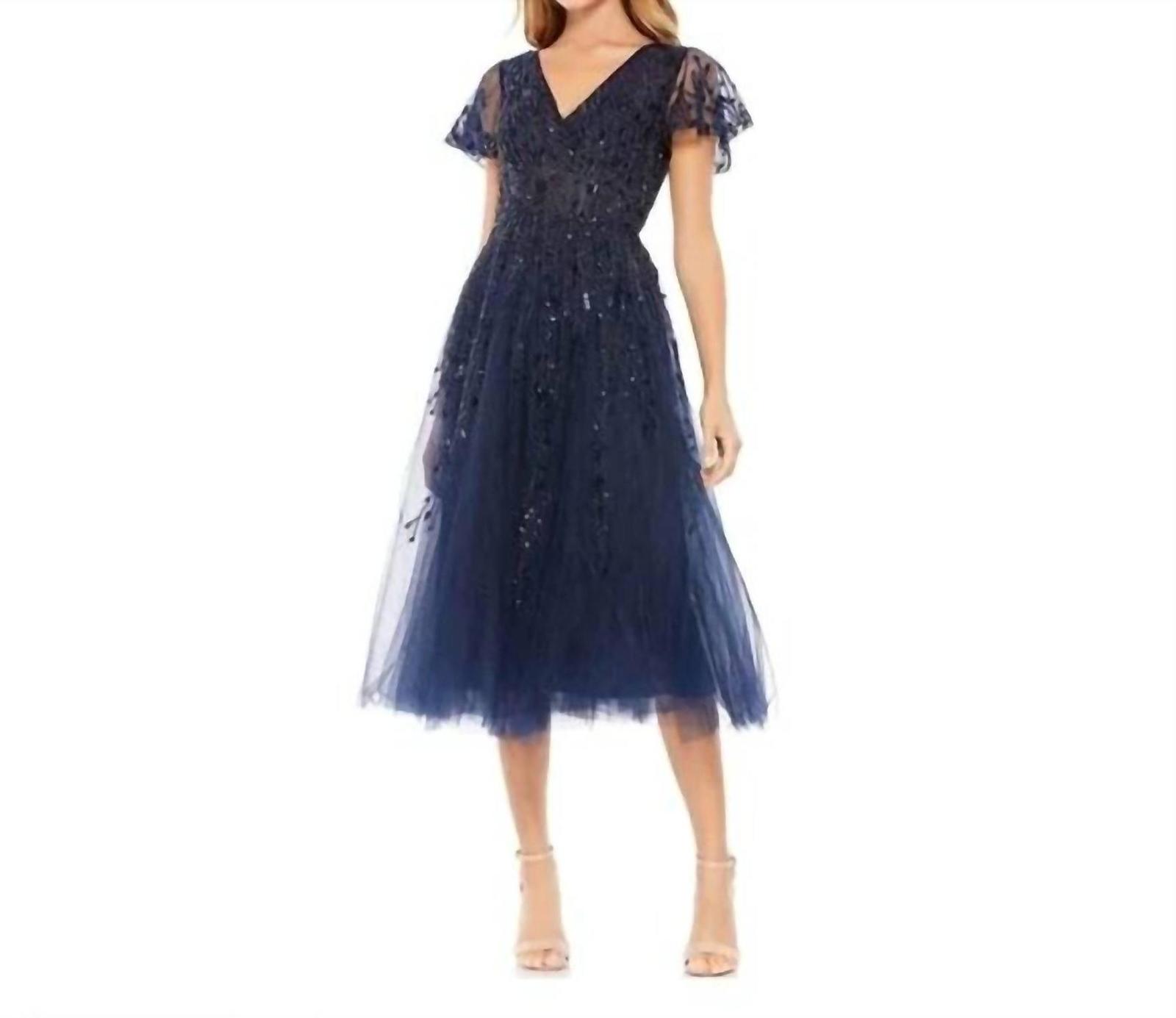 Mac Duggal Embellished Fluttersleeve Tea Length Dress Size 14 - $516.78