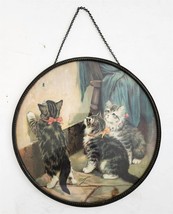 antique FLUE COVER victorian art print KITTY CATS FLY metal frame chain glass - £97.34 GBP