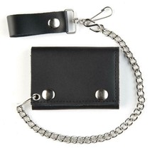 Solid Plain Black Trifold Motorcycle Biker Wallet W Chain Mens New #533 Leather - £9.68 GBP
