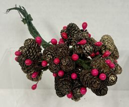 Vintage Miniature Christmas Gold Colored Real Pinecones Red Berries Wire... - $9.41