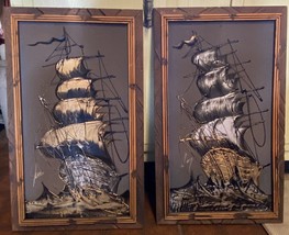 2 Vintage Sail Ship Painting on Gray Velvet Carved Wood Frame Nautical Art 22x13 - $67.61