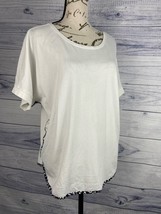 Weekends Chicos 3 Chambray Cheetah Trim Tunic Top Womens XL Hi Low Scoop White - £10.57 GBP
