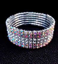 Rhinestone Bracelet Stretch, AB 6 Row Bracelet, Crystal Pageant Prom Jewelry, Br - £24.41 GBP