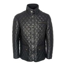Mens Brown Real Leather Jacket Featuring High Collar Quilted Criss Cross Stitch - £134.31 GBP