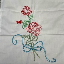 Red Rose Embroidered Floral Table Runner Dresser Scarf Lace Edge 27 X51 Vintage - £21.99 GBP