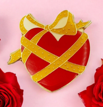 Mary Engelbreit Red Enamel Heart Pin Brooch with Yellow Ribbon and Bow Gold Tone - $8.90