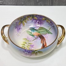 Noritake Hand Painted Bowl Tropical Colorful Bird Purple Wisteria Gold Handles - £55.86 GBP