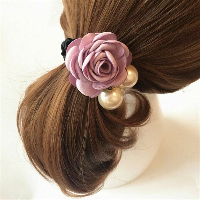 Primary image for 1pc Rose Pearl Rhinestone Hair Bands Solid Flower Elastic Hair Rope Accessories
