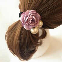 1pc Rose Pearl Rhinestone Hair Bands Solid Flower Elastic Hair Rope Acce... - £8.18 GBP