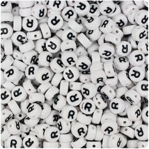 BeadTin White Opaque 7mm Coin Plastic Alphabet Beads - Black Letter R (1... - $2.09
