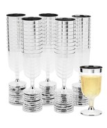 50 Pack 7 Oz Clear Plastic Wine Glasses For Parties, Silver Rimmed Goble... - $45.99