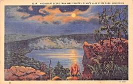 DEVILS LAKE STATE PARK WISCONSIN MOONLIGHT SCENE FROM WEST BLUFFS~1945 P... - $7.45