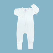 Long Sleeve BABY ROMPER WHITE 12-18M Cotton Double Zipper Mitted Footed ... - $12.99
