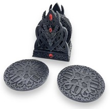5 Drink Coasters &amp; Holder Set w/Red Jewels Gothic Decor Mid-Evil Celtic Dragon - £18.45 GBP