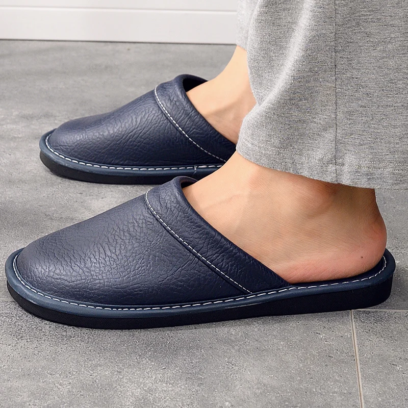 Solid Blue Brown Black Leather Slippers Men Bedroom Shoes Man Summer Spring - £23.40 GBP+