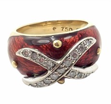Authentic! Hidalgo 18k Yellow Gold Red Enamel X Diamond Ring sz 5 - £1,251.99 GBP