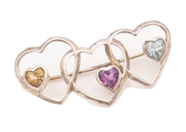 925 Sterling Silver Vintage Brooch Pin Multi Color Topaz Cutout Hearts  BP10818 - £30.27 GBP