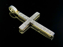 22Ct Simulated Diamond Cross Charm Pendant 1.3&quot; 18K Yellow Gold Plated Silver - £129.43 GBP