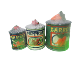 Vegetable Canister Set Of 3 Jay Imports 1996 Carrots Peppers Tomatoes Ceramic - £44.36 GBP