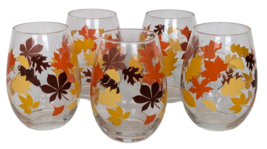 Set Of 5 Stemless Wine Glasses Autumn Leaves Pattern 18 Oz - £23.13 GBP