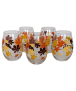 Set Of 5 Stemless Wine Glasses Autumn Leaves Pattern 18 Oz - $28.85