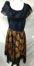 Vintage Off Shoulder Dress Black Gold Lace Ruffled Peasant Mexican Boho ... - $96.26