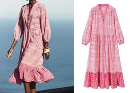 ZARA BOHO PRINTED MIDI COTTON RUFFLED DRESS -S - $1,312.84 MXN