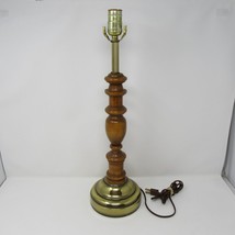 Vintage MCM Turned Carved Wood Table Lamp 21&quot; Tall brass base Mid Century Modern - $44.54