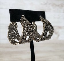 Vintage Clip On Earrings - Extra Large Ornate Dark/Aged Silver Tone Hoops - £12.77 GBP
