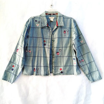 Christopher &amp; Banks Blue Check Long Sleeve Embroidered Shirt Shacket M P... - £9.58 GBP