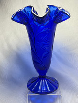 Fenton Art Glass Cobalt Blue Ruffled Top Trumpet Floral Flower Holder Vase Urn - $29.95