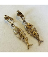 Gold Fish Earrings Textured Metal Clip-on Rhinestone Dangle Articulated ... - £18.69 GBP