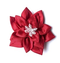 New Flower Pendant Brooch Pin Handmade Fabric Red Dahlia 3.5&quot; Clear Crystal - £11.98 GBP