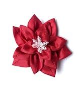 New Flower Pendant Brooch Pin Handmade Fabric Red Dahlia 3.5&quot; Clear Crystal - £12.01 GBP