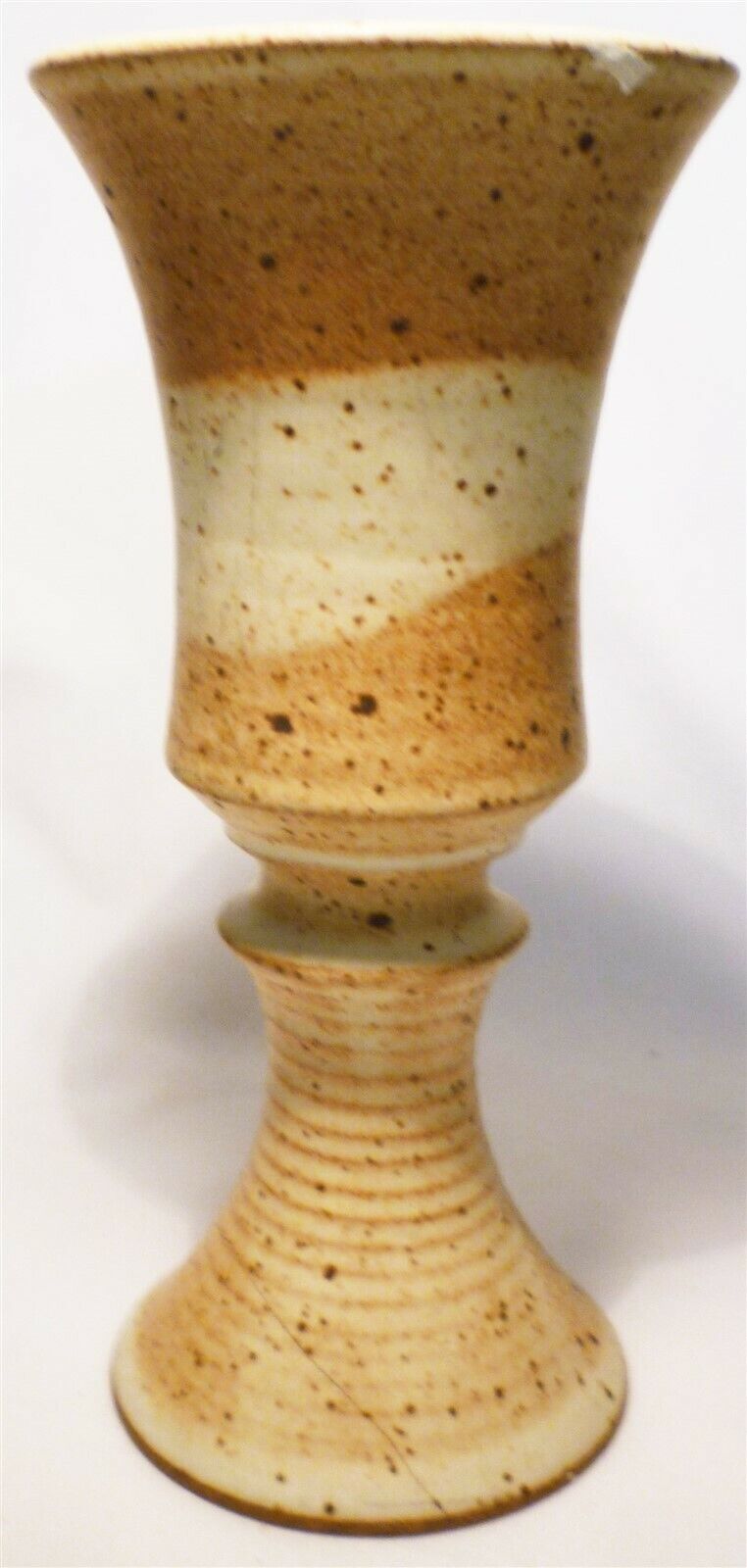 STUDIO ART POTTERY PEDESTAL STEMMED GOBLET CANDLE HOLDER BEIGE MULTICOLOR - $5.90