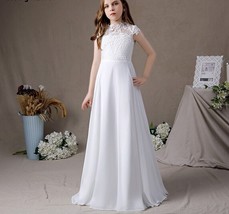 Lace Chiffon Dress For Girl Cap Sleeves First Communion Gown A Line Floor Length - £99.98 GBP