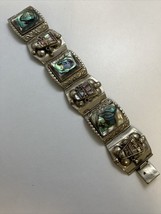 Vintage .925 Silver Bracelet 1940s Mexican Taxco Silver &amp; Mother of Pearl 7 Inch - £79.58 GBP