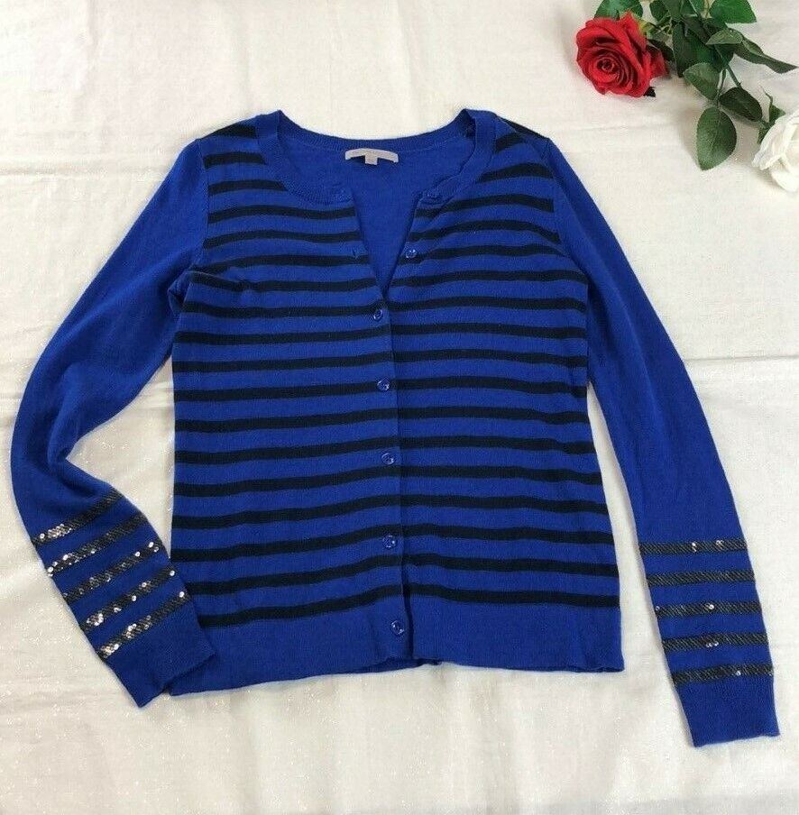 Gap Women&#39;s Size XS Blue Striped Cardigan with Sequin Striped Cuffs Ligh... - $15.08