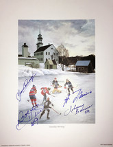 Autographed Bower, Lafleur, Hull, Cournoyer Litho - Montreal, Chicago, T... - $130.00