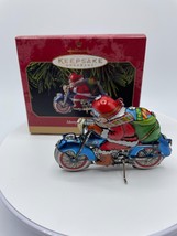 Vintage Hallmark Keepsake Merry Motorcycle Pressed Tin Santa Claus Ornament 1999 - $7.59