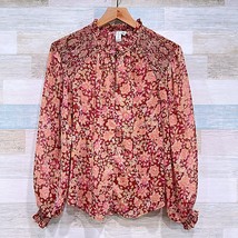 JOIE Floral Ruffle Smocked Sheer Blouson Sleeve Top Burgundy Gold Foil Womens XS - $39.59