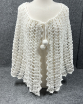 VTG Crochet Hand Knit Wrap Pom Pom White Shawl Women Cottage Grannycore ... - £37.38 GBP