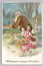 New Year Greeting Father Time With Angel Holding Hourglass Tuck Postcard E37 - £6.01 GBP