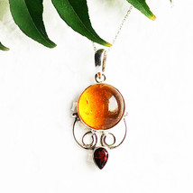 925 Sterling Silver Amber Necklace Handmade Jewelry Gemstone Necklace Free Chain - £29.88 GBP