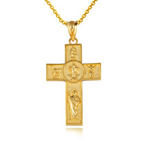 10K Solid Gold Patron Saints Beaded Cross Pendant Necklace - Yellow, Rose, White - £216.51 GBP+