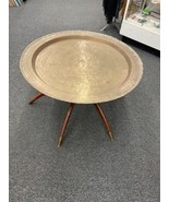 Vintage 30" Round Brass Tray Wood Spider Leg Table Mid Century Modern Hong Kong - $399.00