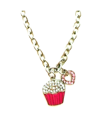 Cupcake &amp; Heart Pendants ChClear &amp; Pink Rhinestone Silvertone Chain Neck... - £9.98 GBP