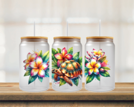 Turtles w/ Hibiscus Flowers UV DTF 16oz Glass Can - $75.62 MXN